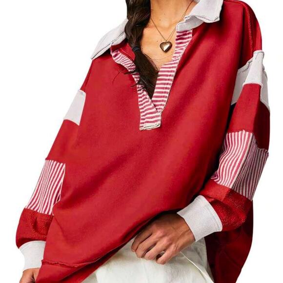 Shein Red Colorblock Collar V-Neck Oversized Pullover Sz S NWT - Picture 1 of 12